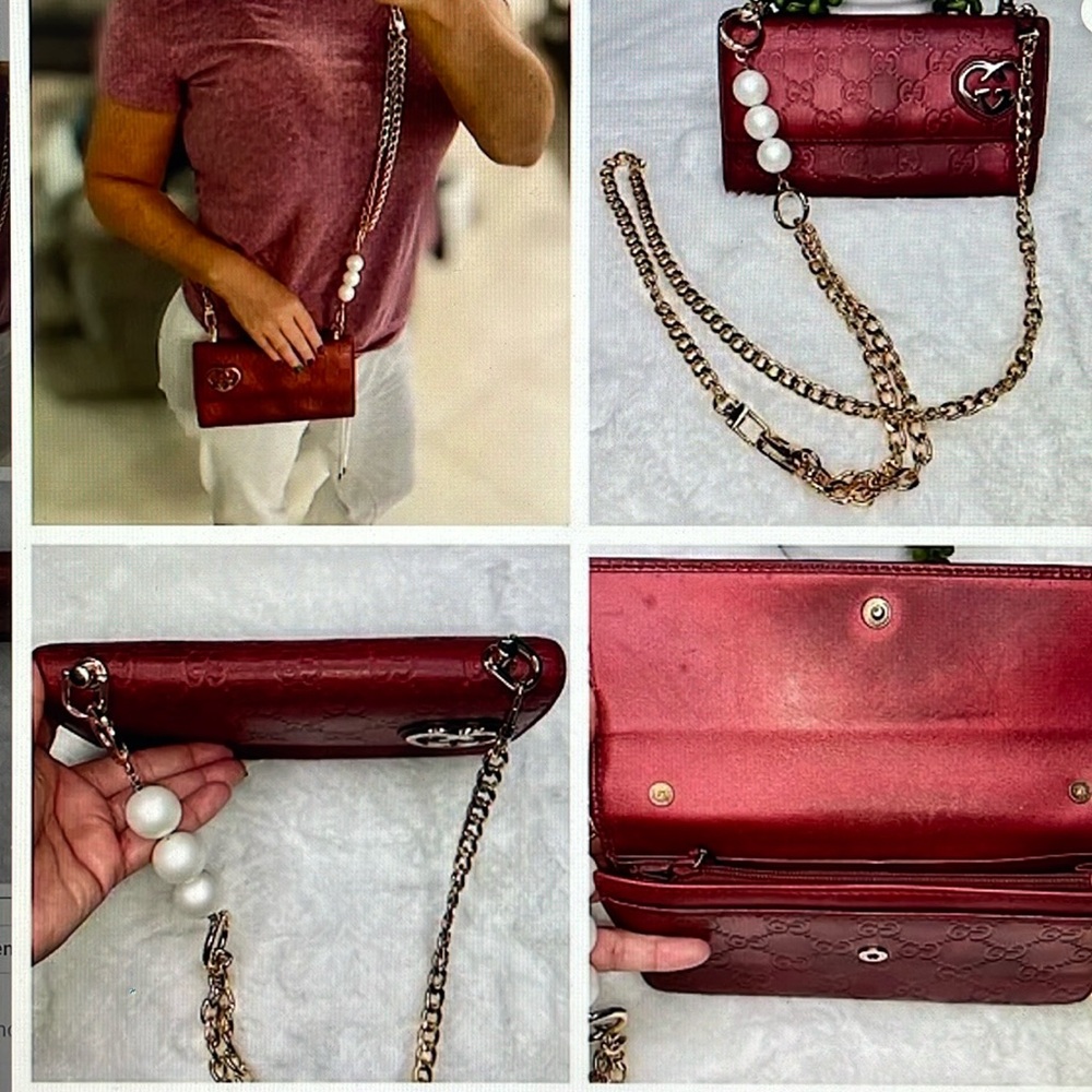 Gucci Red Wallet with Chain and Pearl Accents